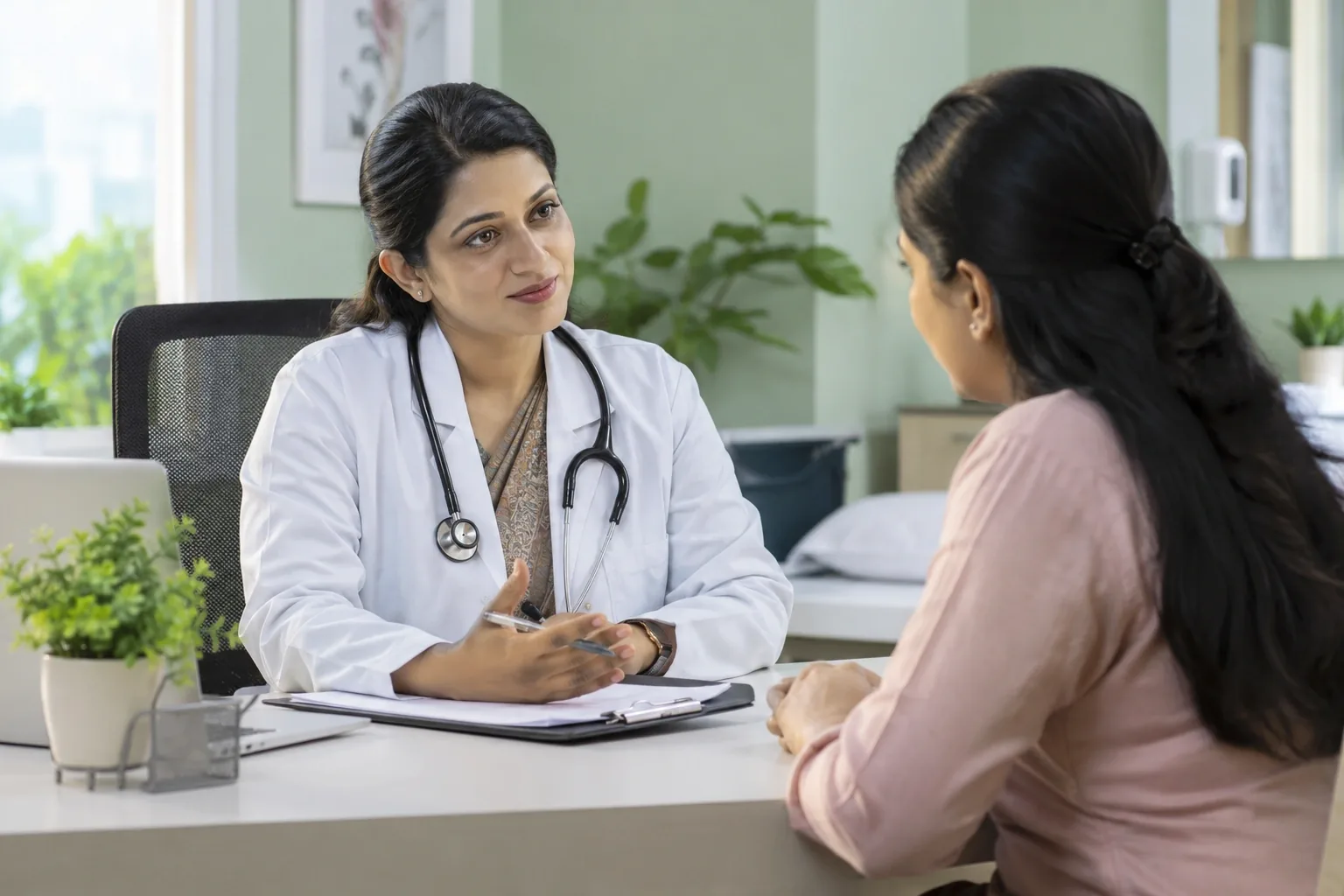 An Indian female doctor having a calm conversation with an adult patient at a contemporary clinic desk, light sage walls, clean daylight, a stethoscope and a simple medical folder.